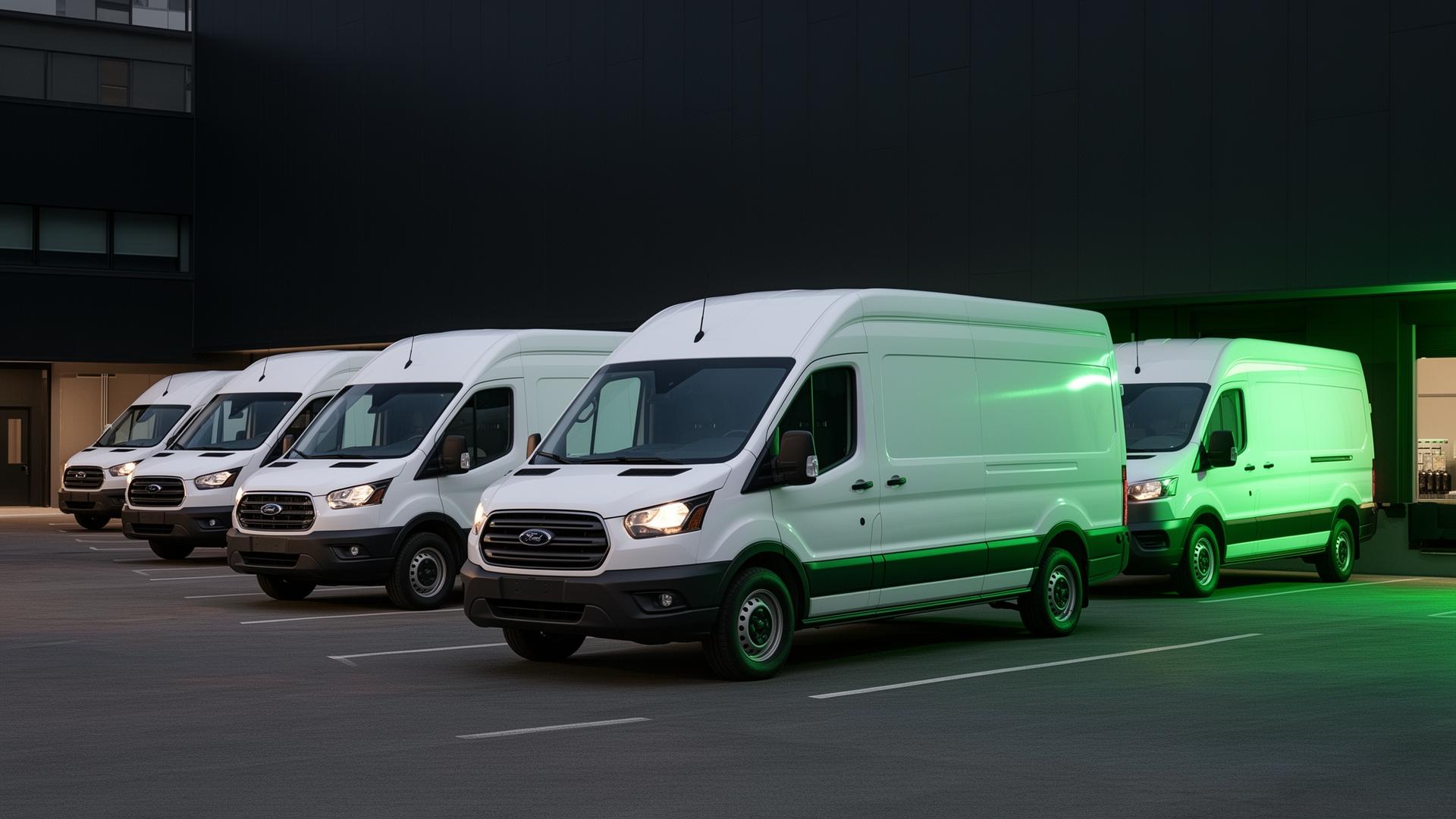 Fleet of cargo delivery vans at an urban loading dock